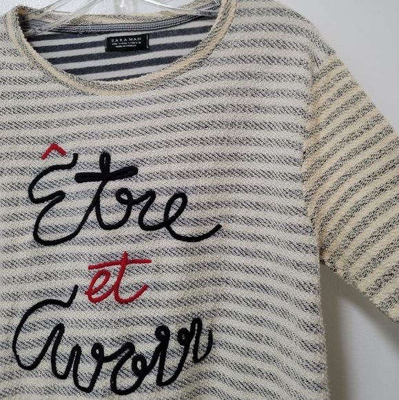 Zara Man Rare Blue Ivory Striped Long Sleeve Cotton Terry Graphic Tee Size Small - Picture 5 of 13